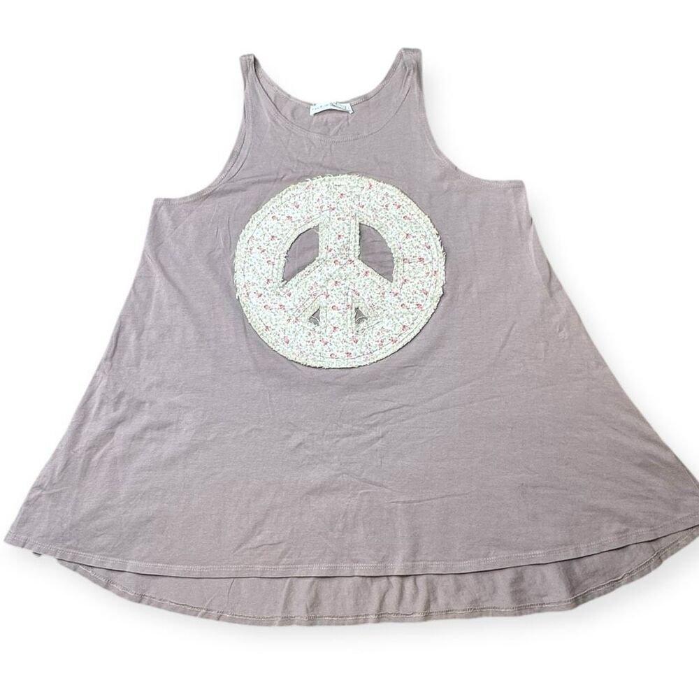 LOST PETAL LINENS Women’s Purple Gray Sleeveless Quilted Peace Sign Tank Top Siz